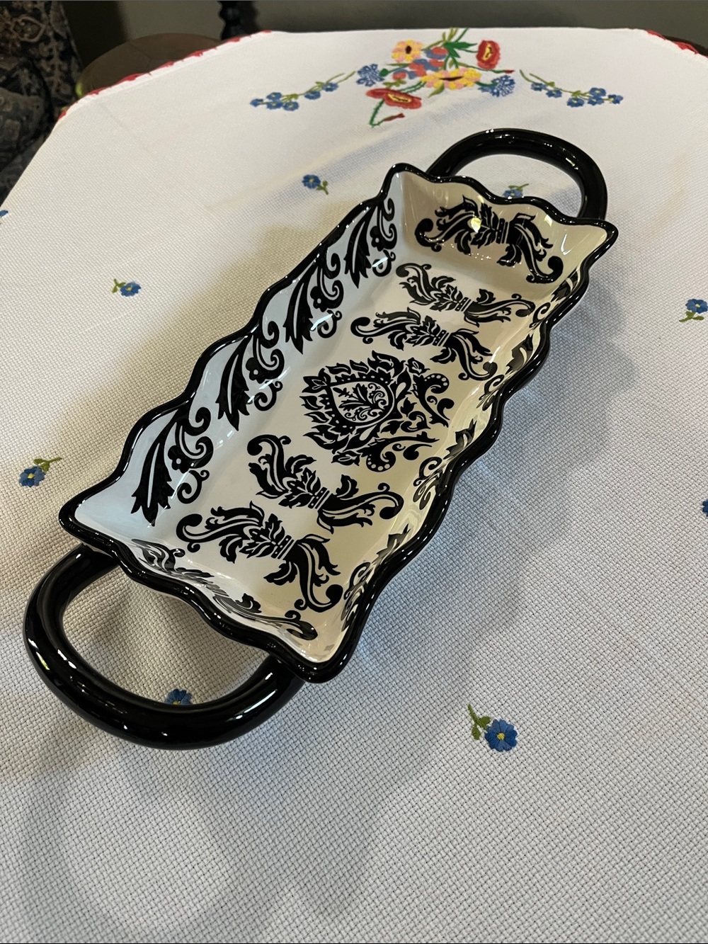 Black and White Decorative Ceramic Serving Tray with Handles